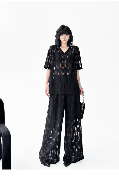 Mesh Diamond Pattern Tops & Pants Co-ord